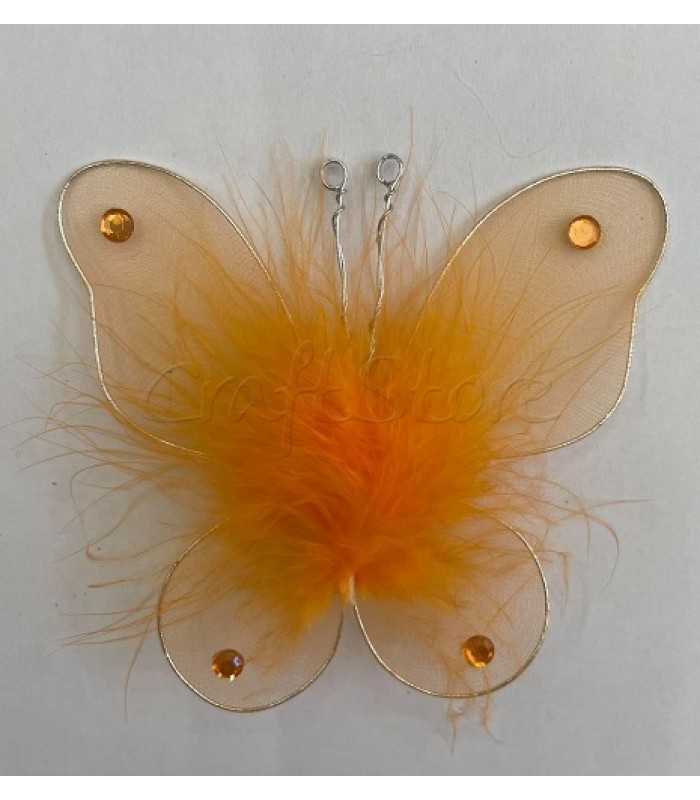 Διακοσμητική Πεταλούδα Τούλινη με Πούπουλα και Καρφίτσα 11cm X 10cm Πορτοκαλί/ 1 τμχ