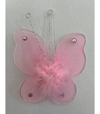 Διακοσμητική Πεταλούδα Τούλινη με Πούπουλα και Καρφίτσα 11cm X 10cm Ροζ/ 1 τμχ