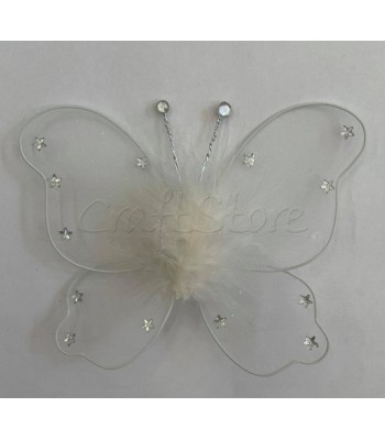 Διακοσμητική Πεταλούδα Τούλινη με Στρας Αστέρια και Καρφίτσα 16cm X 13cm Λευκό/ 1 τμχ