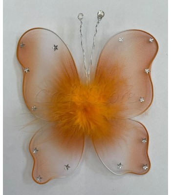 Διακοσμητική Πεταλούδα Τούλινη με Στρας Αστέρια και Καρφίτσα 16cm X 13cm Πορτοκαλί/ 1 τμχ