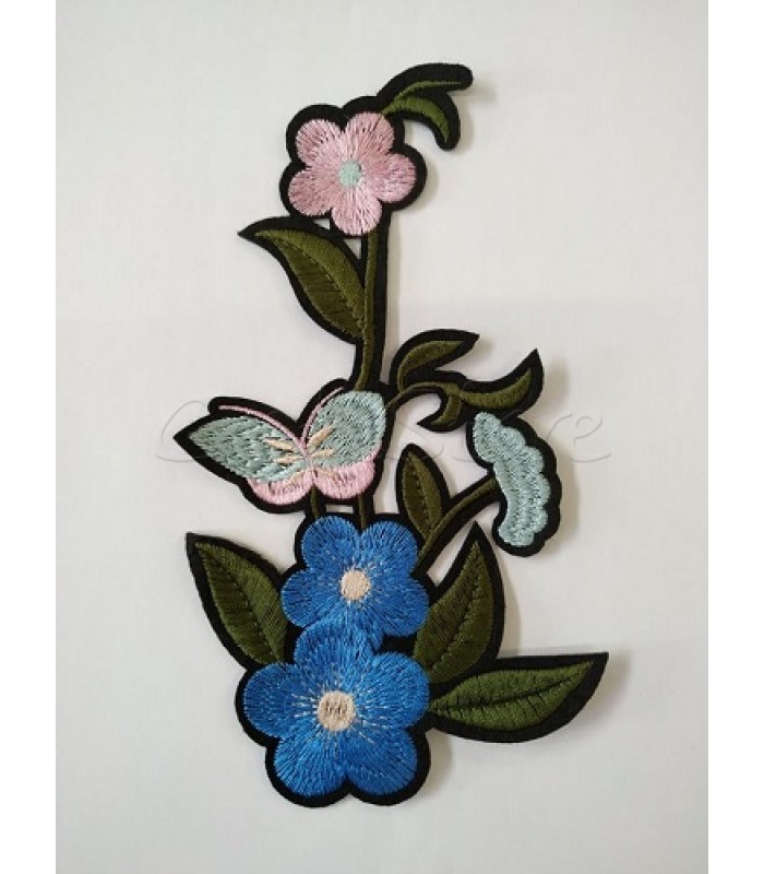 Μοτίφ Διακοσμητικό Θερμοκολλητικό Μπλε Λουλούδια με Πεταλούδες 19εκ. / 1 τμχ